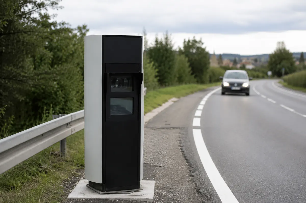 Illustrative Darstellung einer Section-Control-Anlage an einer Landstraße