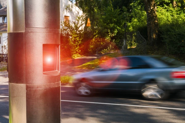 Auto fährt an Blitzer vorbei