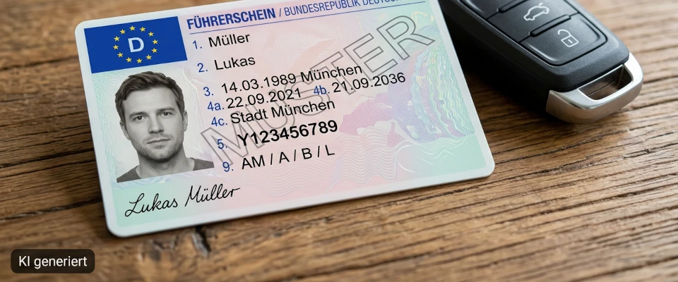 Muster eines Kartenführerscheins mit den Datumsfeldern 4a und 4b neben einem Autoschlüssel