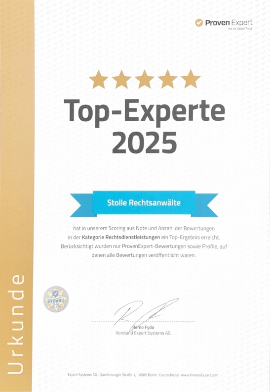 Top-Experte 2025 laut ProvenExpert – Kanzlei Stolle